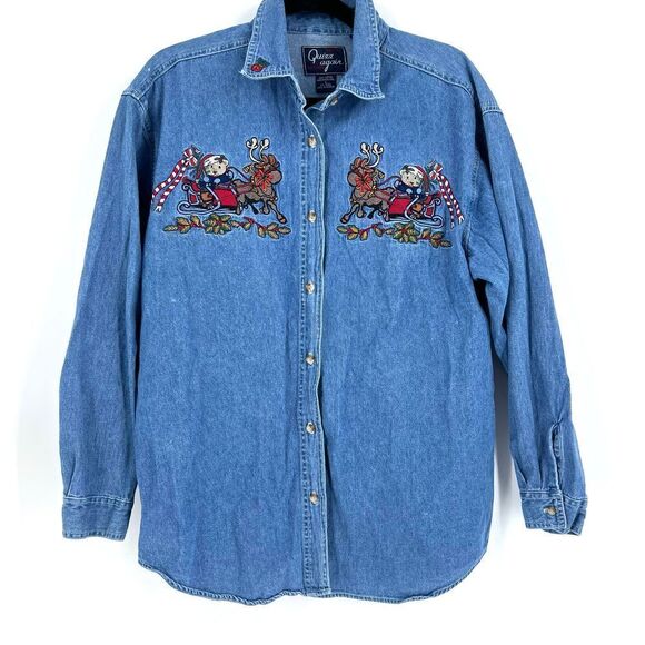 Vintage Christmas denim button down embroidered reindeer shirt Christmas large 1 - Picture 1 of 9